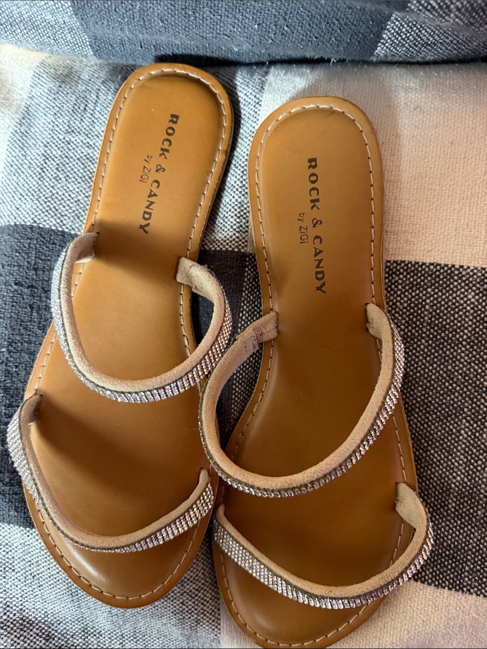 Rock & Candy Tan Slide Sandals with Rhinestone Double Straps